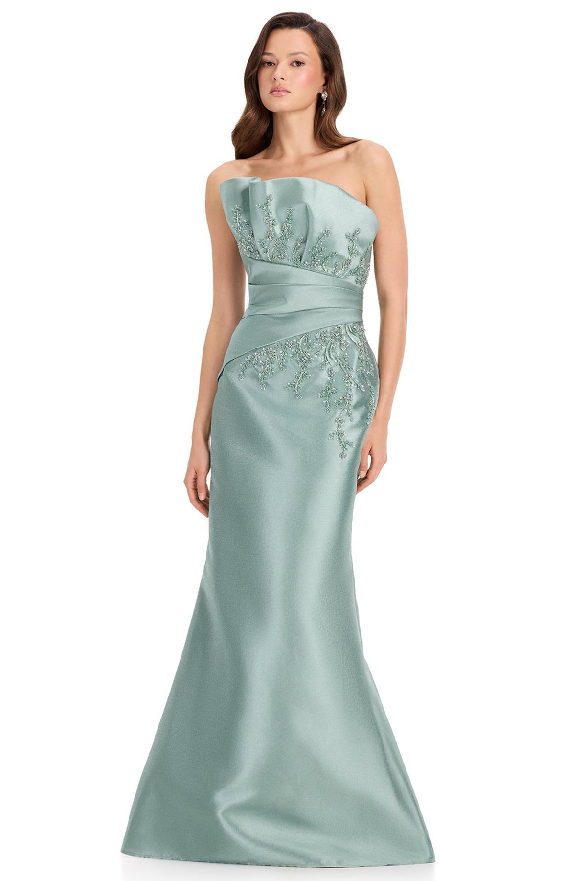 Ashley Lauren E12361 Pleated Waist Embellished Mermaid Prom Gown