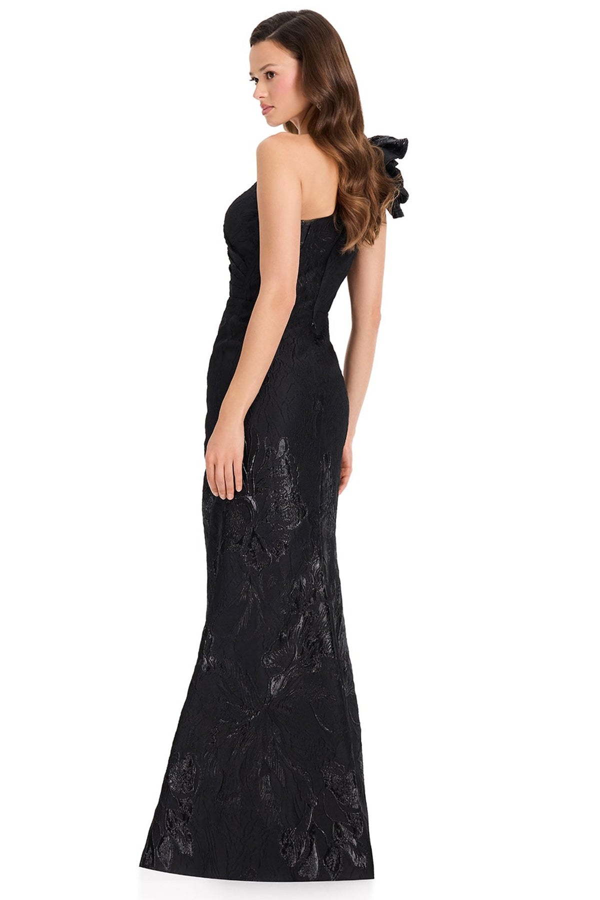 Ashley Lauren E12366 Oversized Ruffle Shoulder Sheath Prom Gown