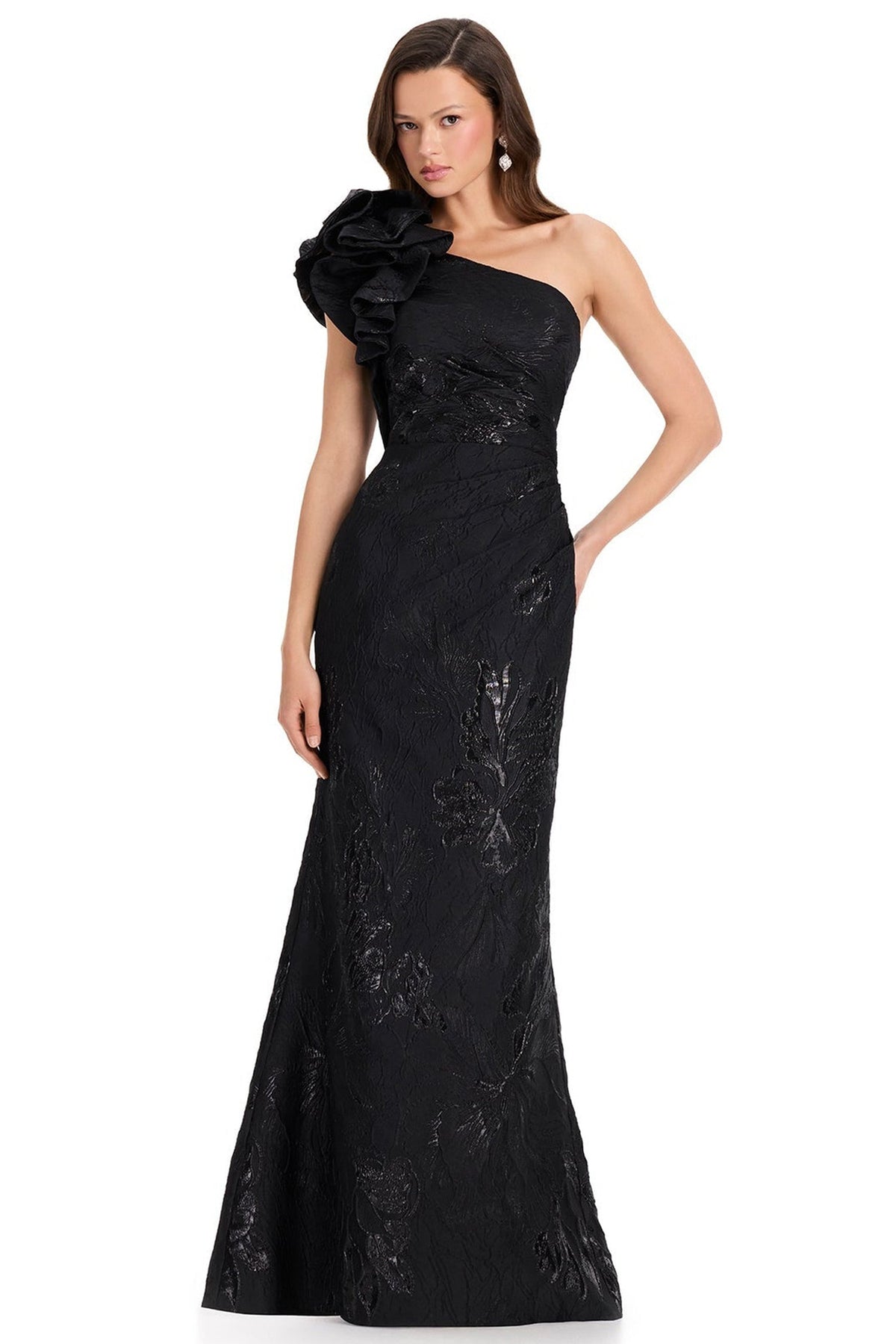 Ashley Lauren E12366 Oversized Ruffle Shoulder Sheath Prom Gown