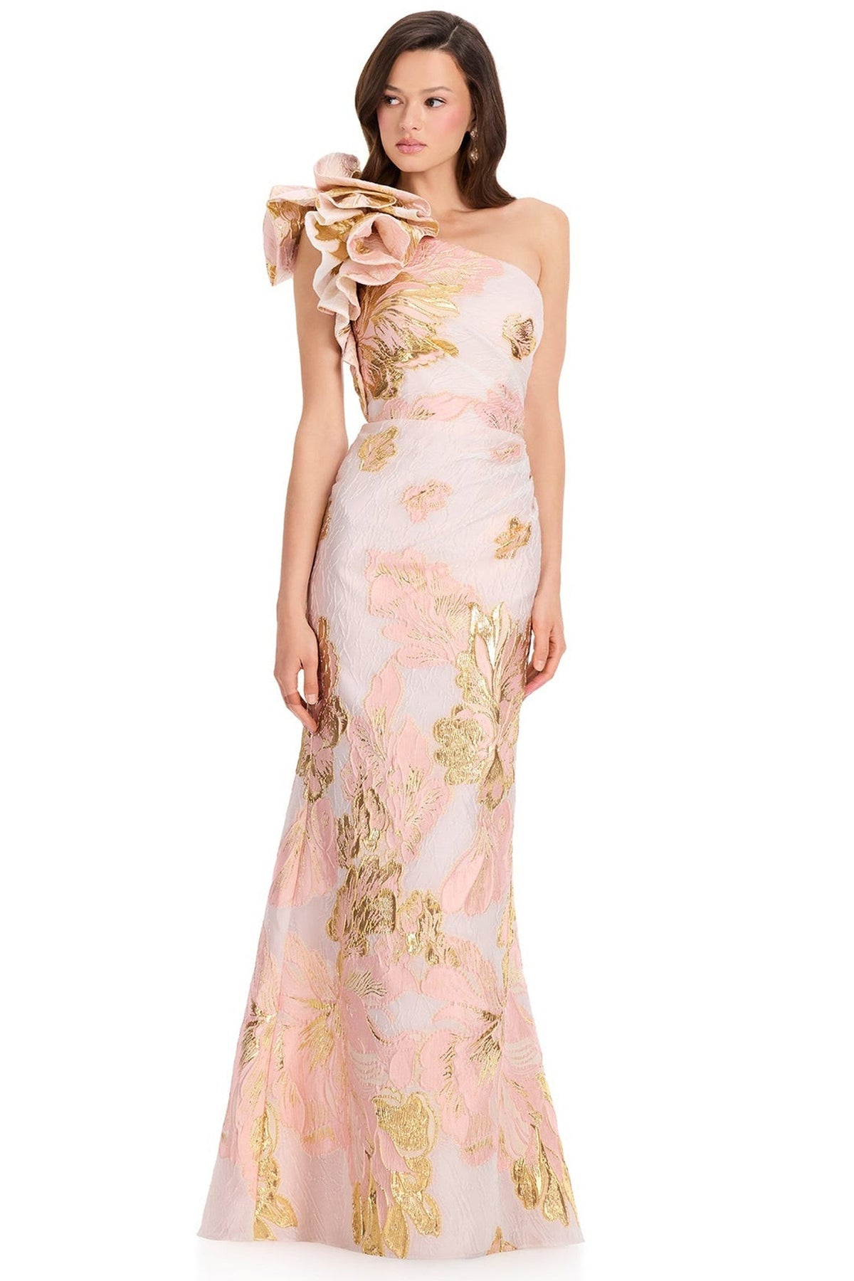 Ashley Lauren E12366 Oversized Ruffle Shoulder Sheath Prom Gown