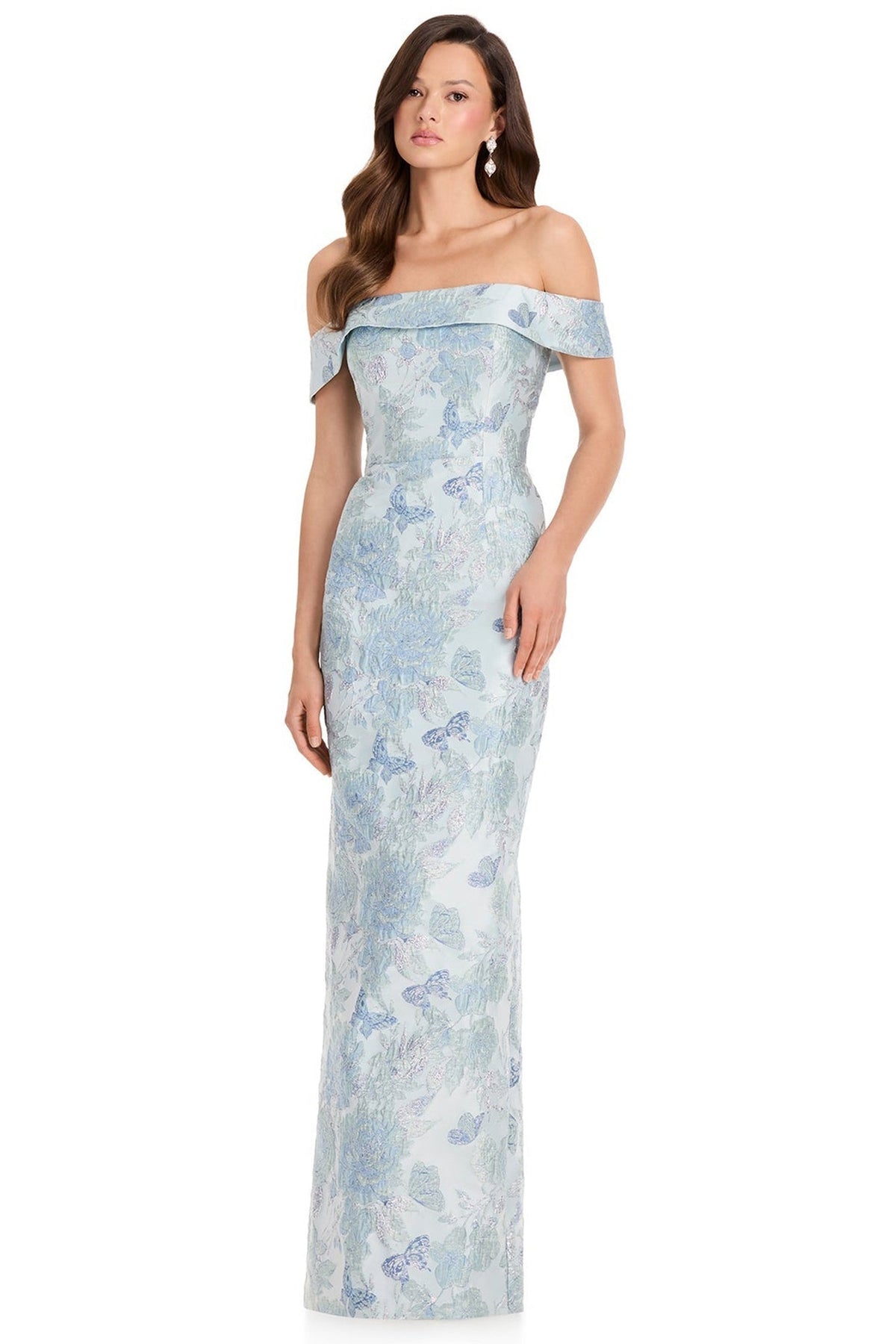 Ashley Lauren E12367 Floral Butterfly Motif Off Shoulder Evening Gown
