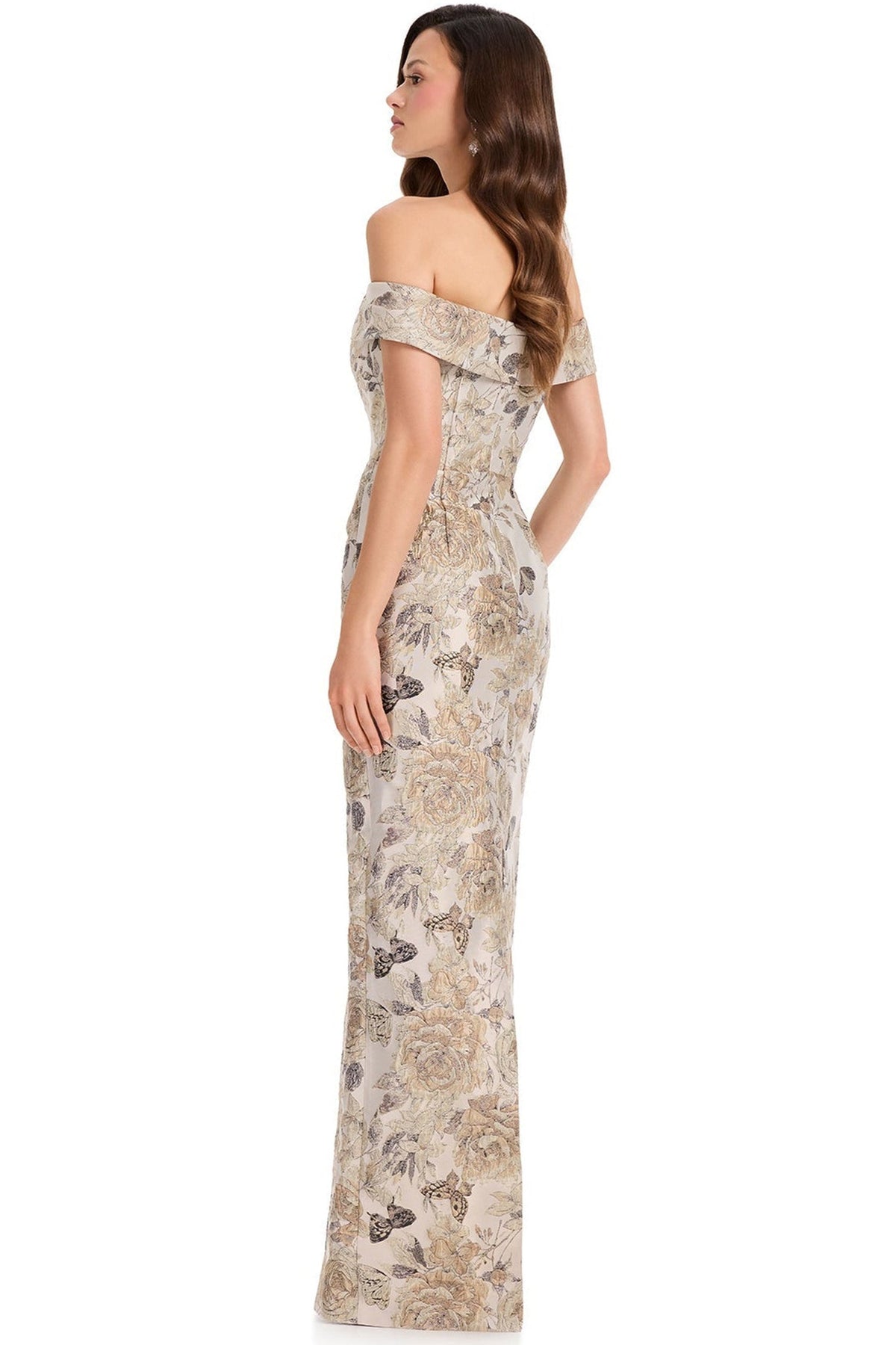 Ashley Lauren E12367 Floral Butterfly Motif Off Shoulder Evening Gown