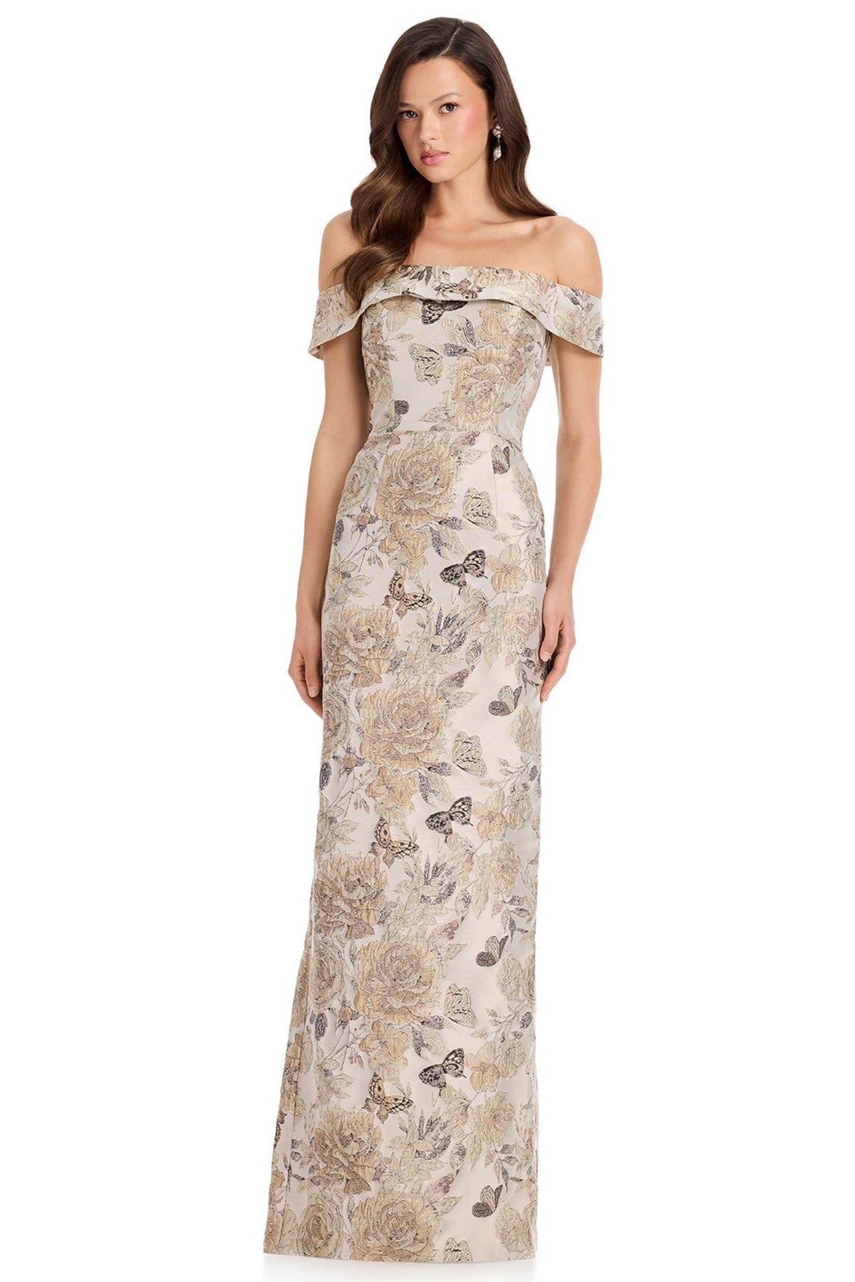 Ashley Lauren E12367 Floral Butterfly Motif Off Shoulder Evening Gown