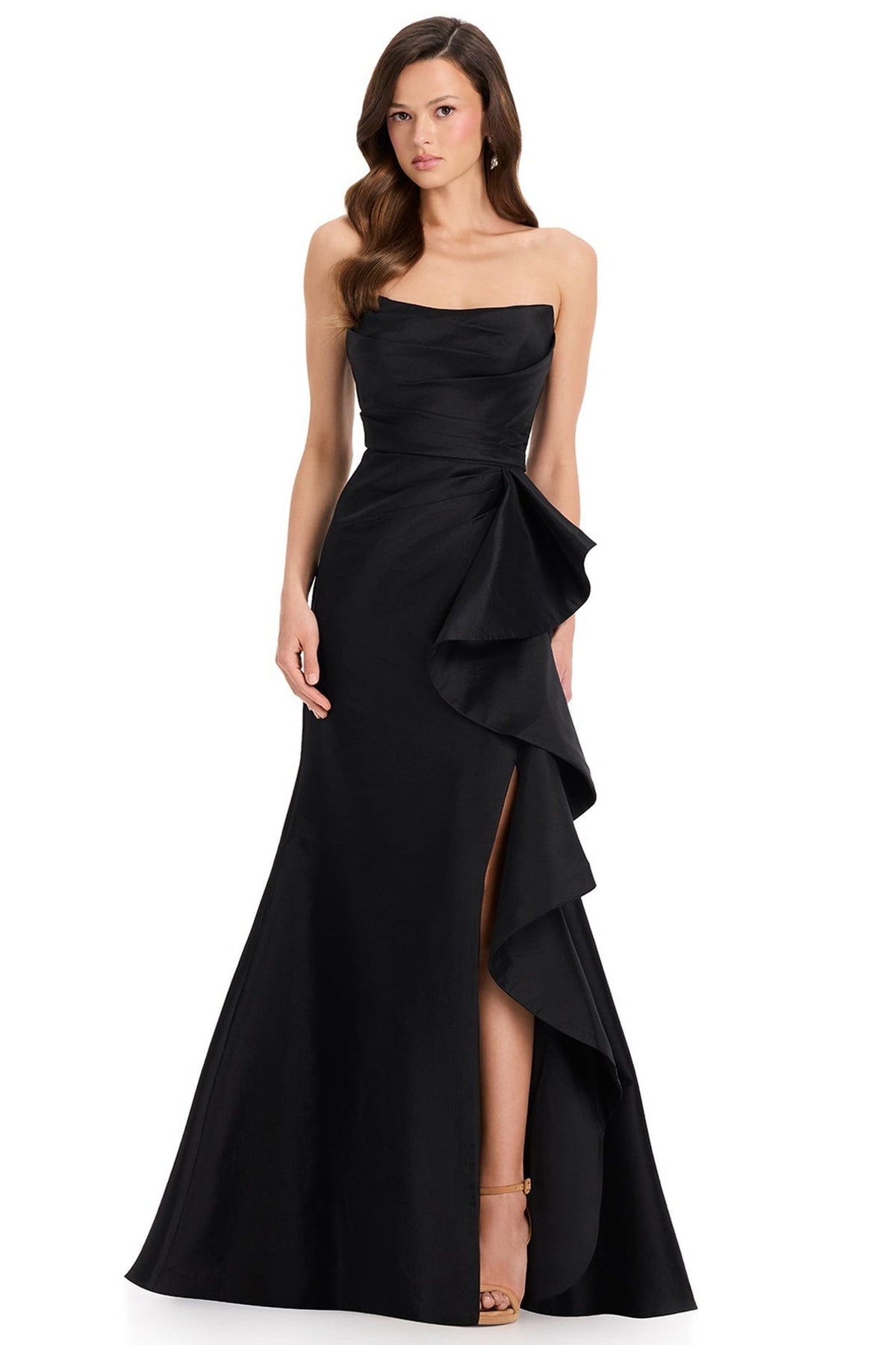 Ashley Lauren E12368 Cascading Ruffle Straight Neck Evening Gown