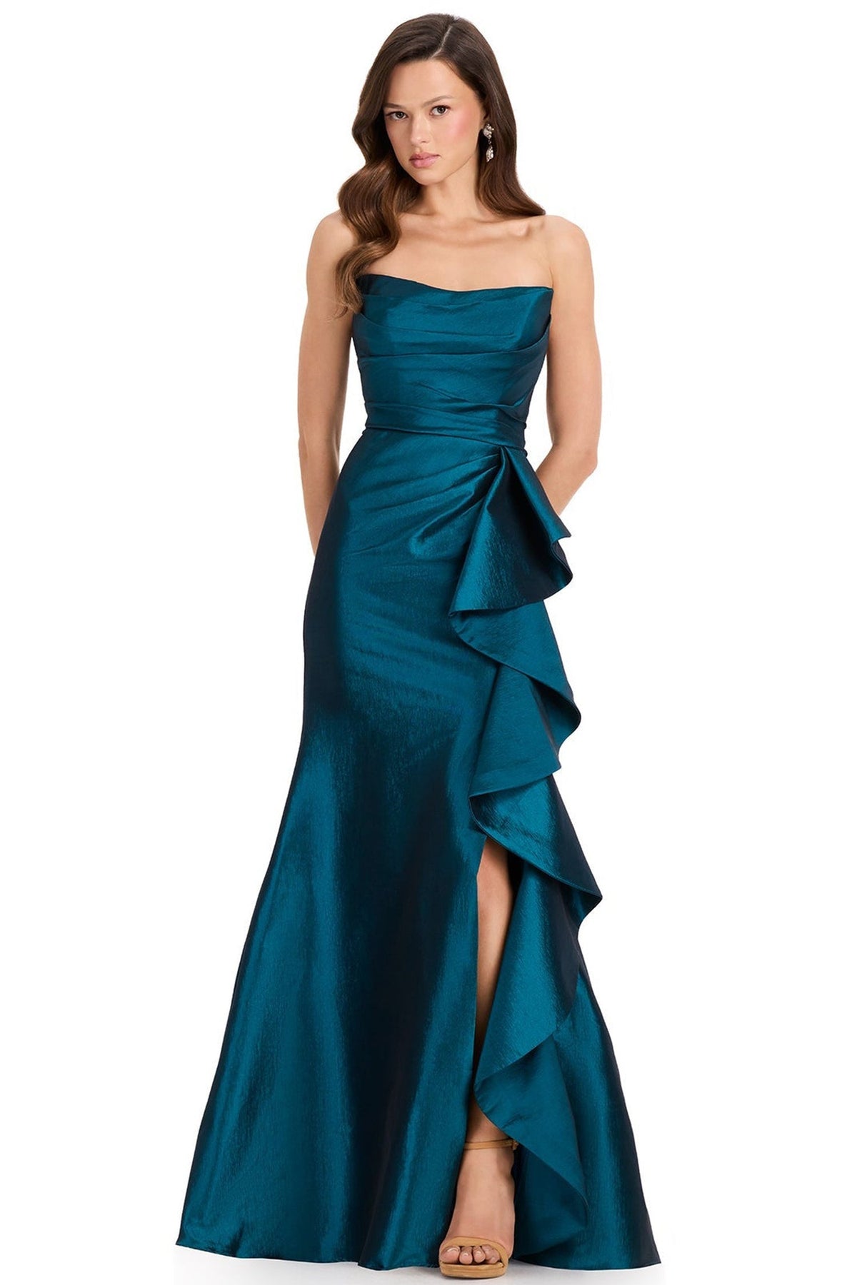 Ashley Lauren E12368 Cascading Ruffle Straight Neck Evening Gown