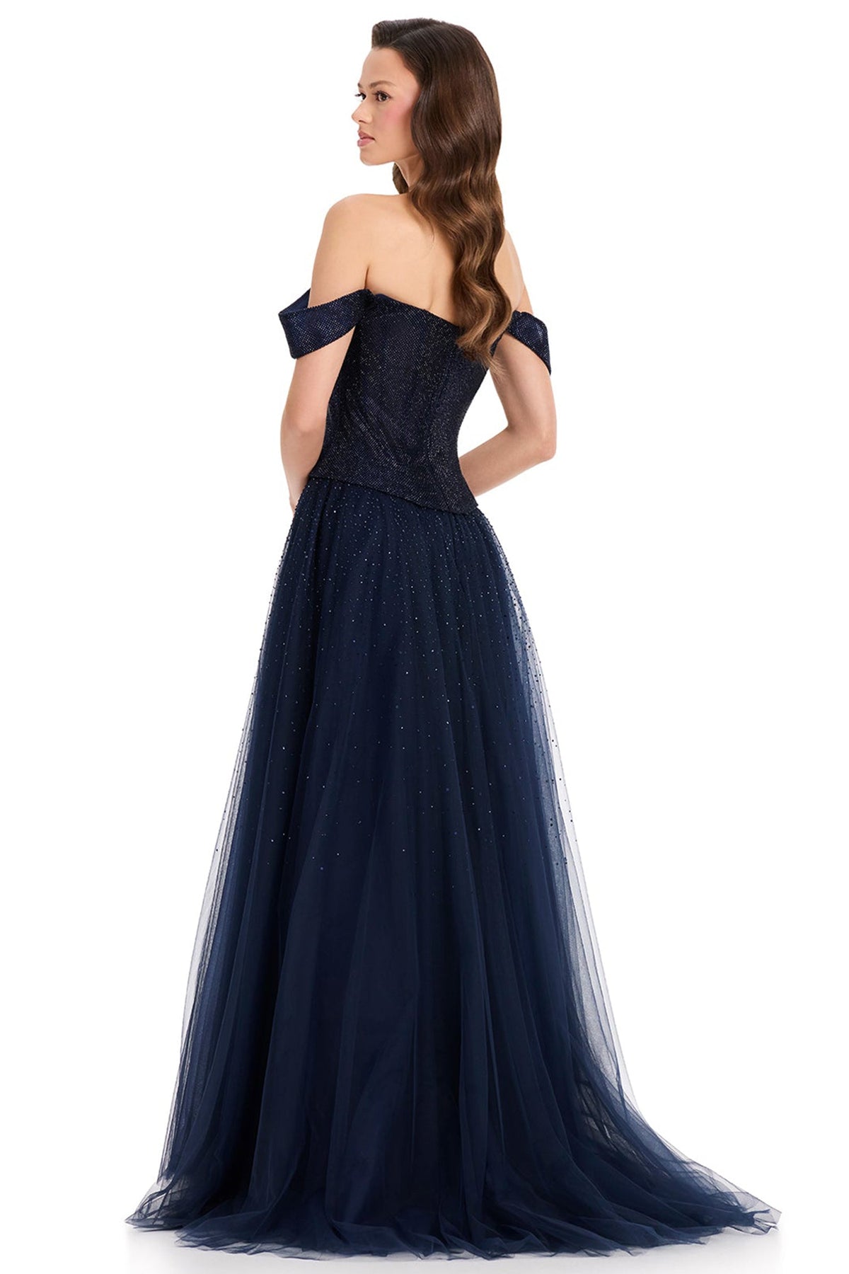 Ashley Lauren E12371 Draped Off Shoulder Beaded Prom Gown