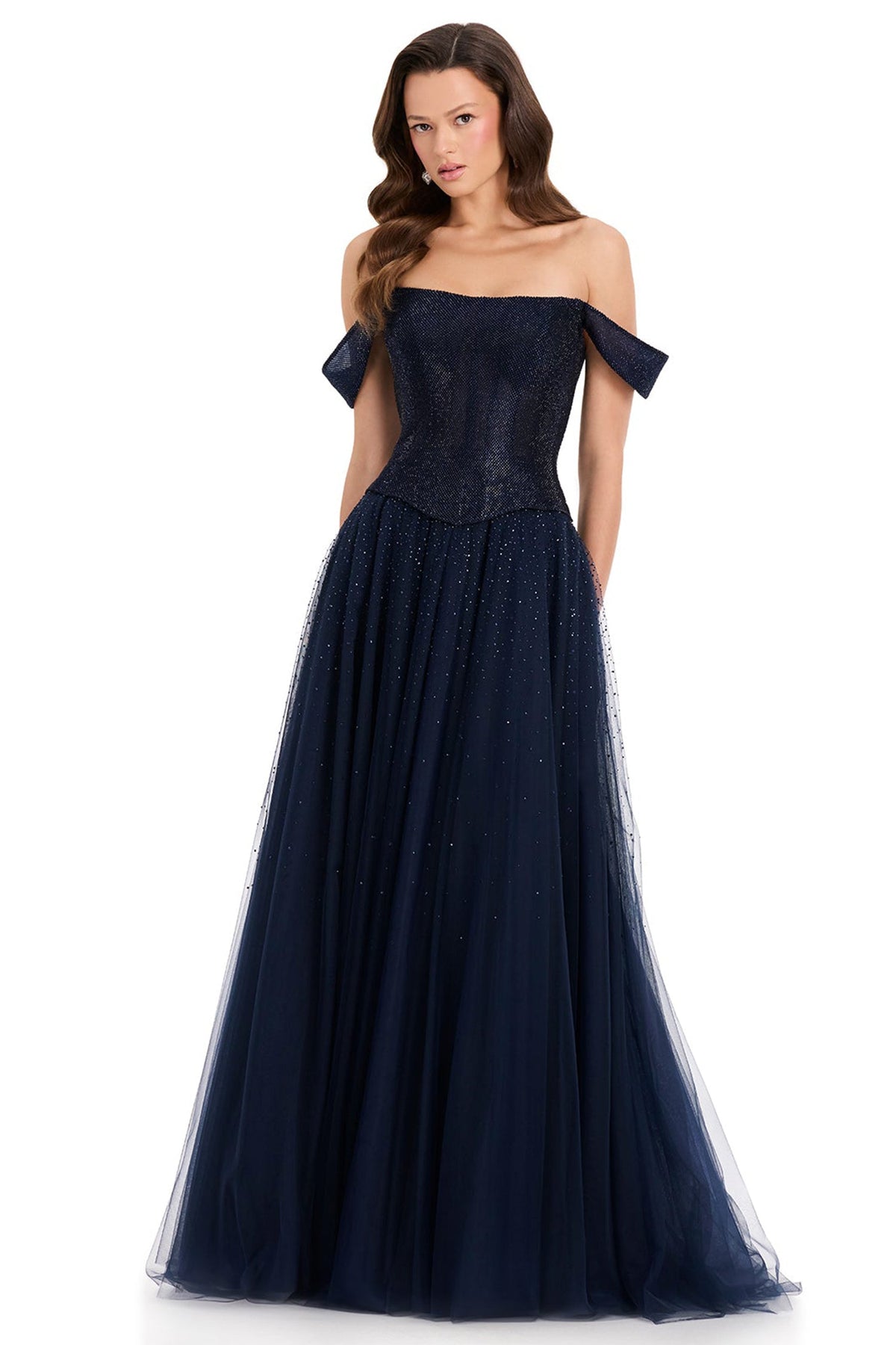 Ashley Lauren E12371 Draped Off Shoulder Beaded Prom Gown