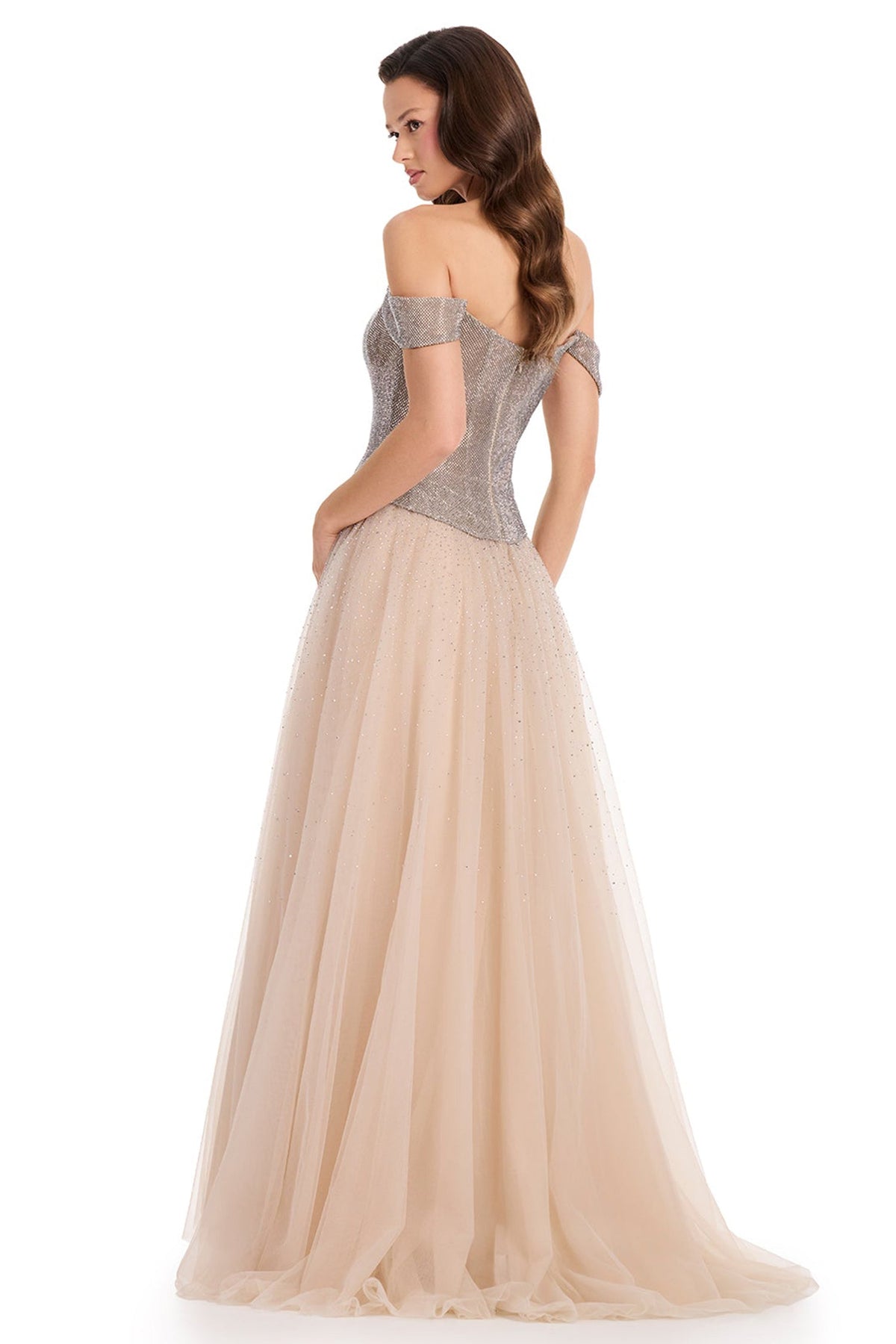 Ashley Lauren E12371 Draped Off Shoulder Beaded Prom Gown