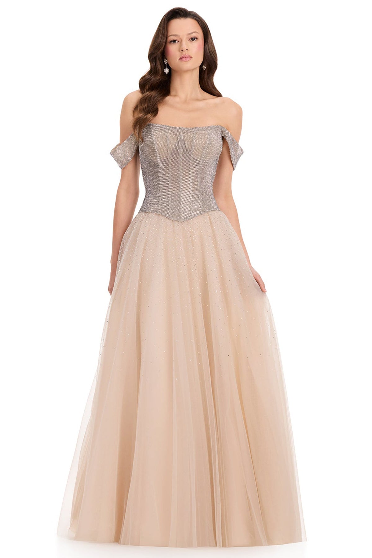 Ashley Lauren E12371 Draped Off Shoulder Beaded Prom Gown
