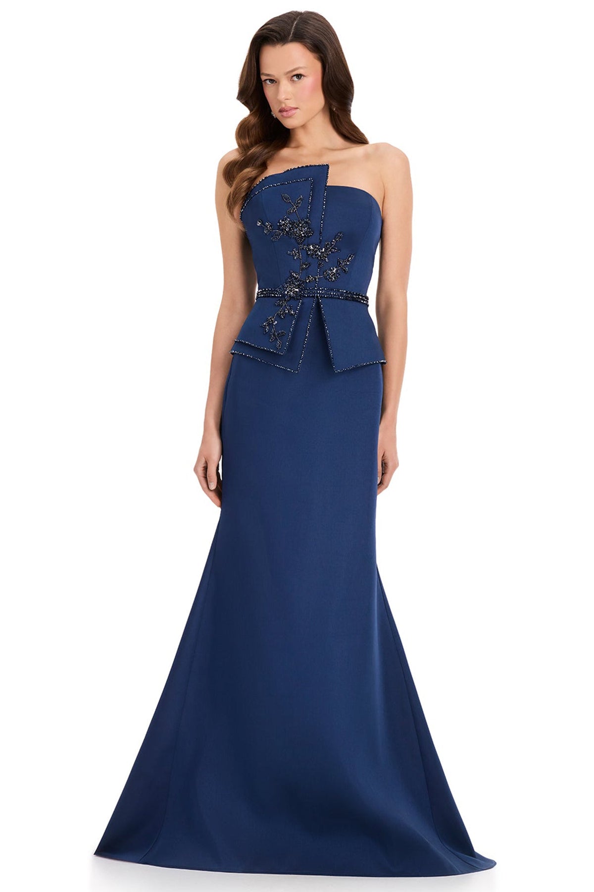 Ashley Lauren E12372 Beaded Applique Asymmetrical Neck Evening Gown