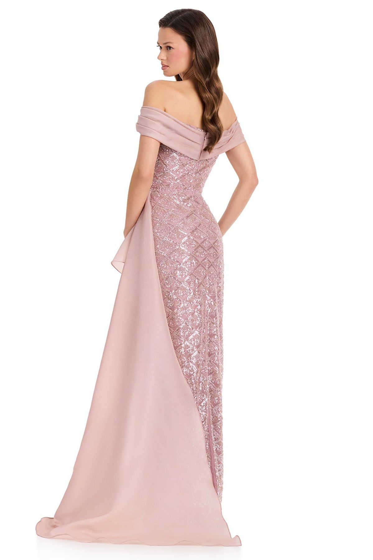 Ashley Lauren E12374 Draped Column Geometric Beaded Prom Gown