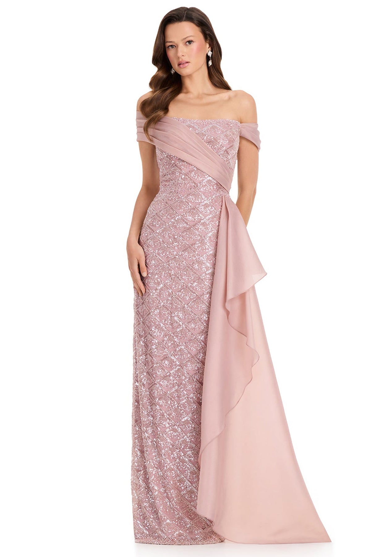 Ashley Lauren E12374 Draped Column Geometric Beaded Prom Gown