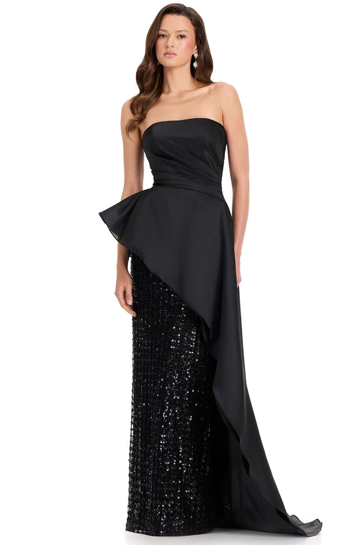 Ashley Lauren E12375 Asymmetrical Overskirt Column Evening Gown