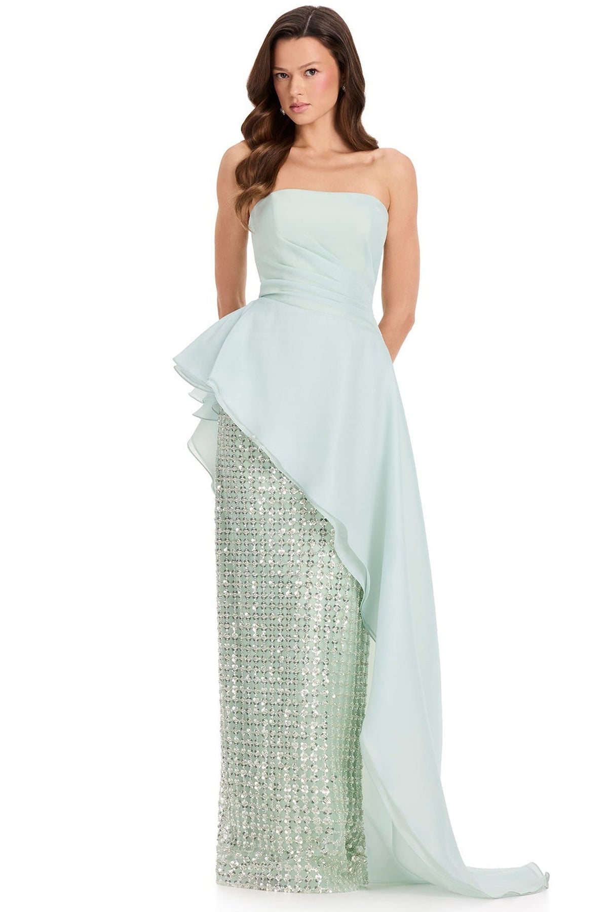 Ashley Lauren E12375 Asymmetrical Overskirt Column Evening Gown