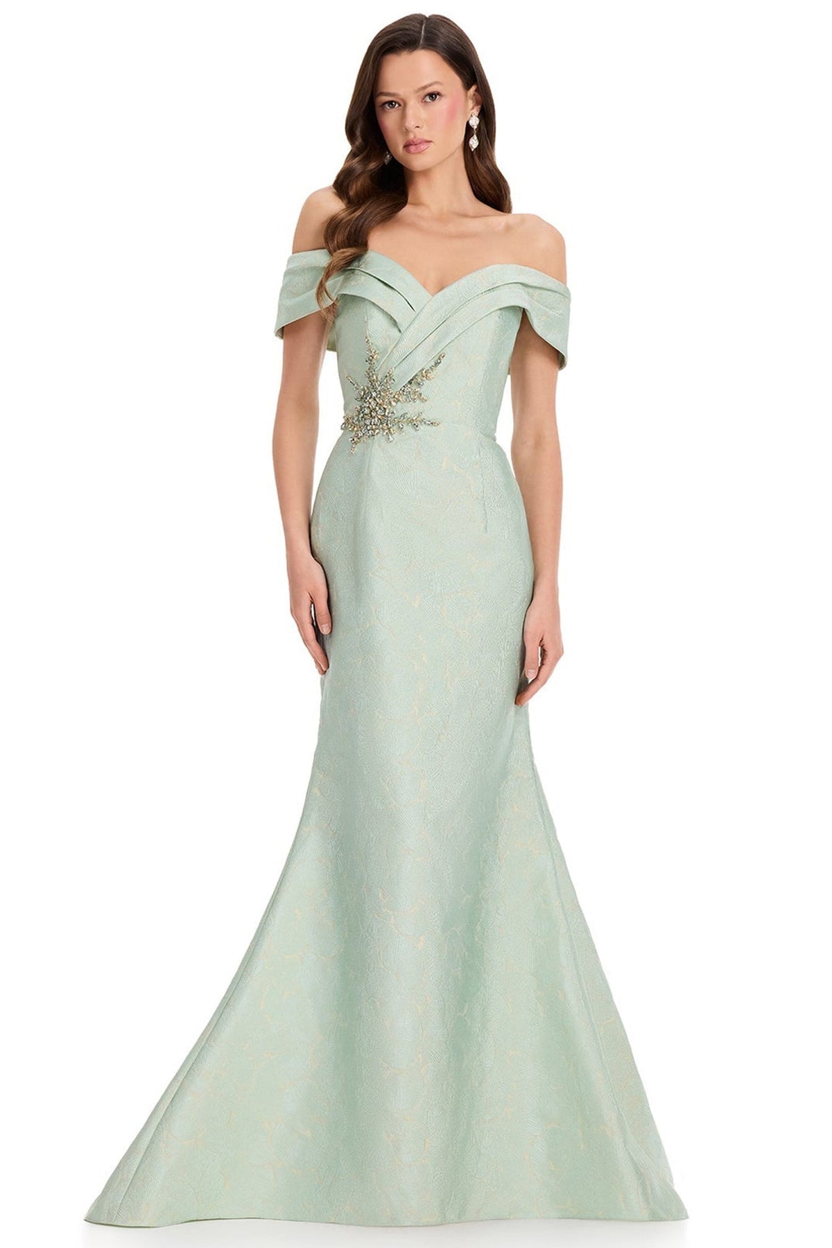 Ashley Lauren E12383 Off Shoulder Beaded Detail Prom Gown