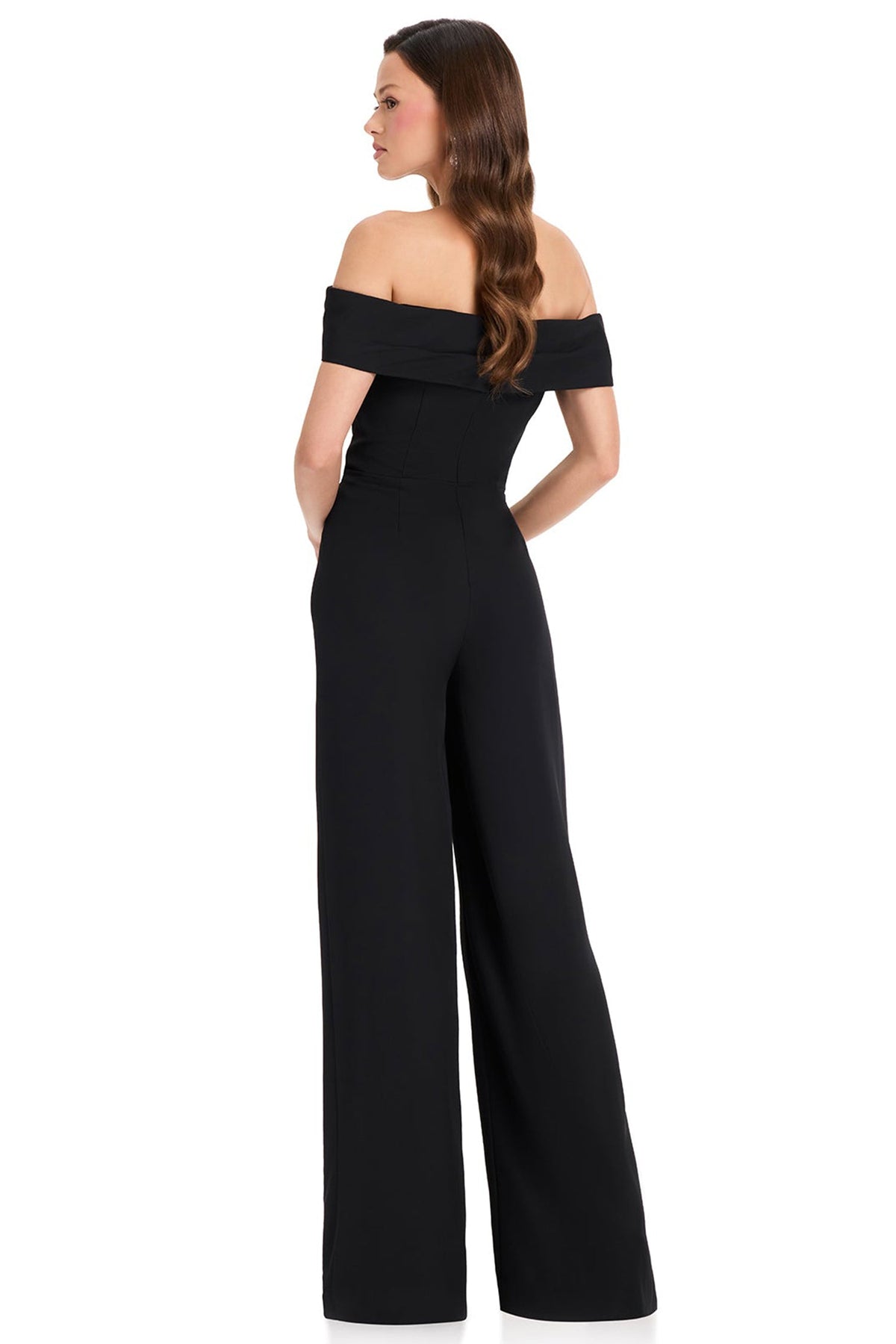 Ashley Lauren E12384 Tonal Beaded Off Shoulder Jumpsuit