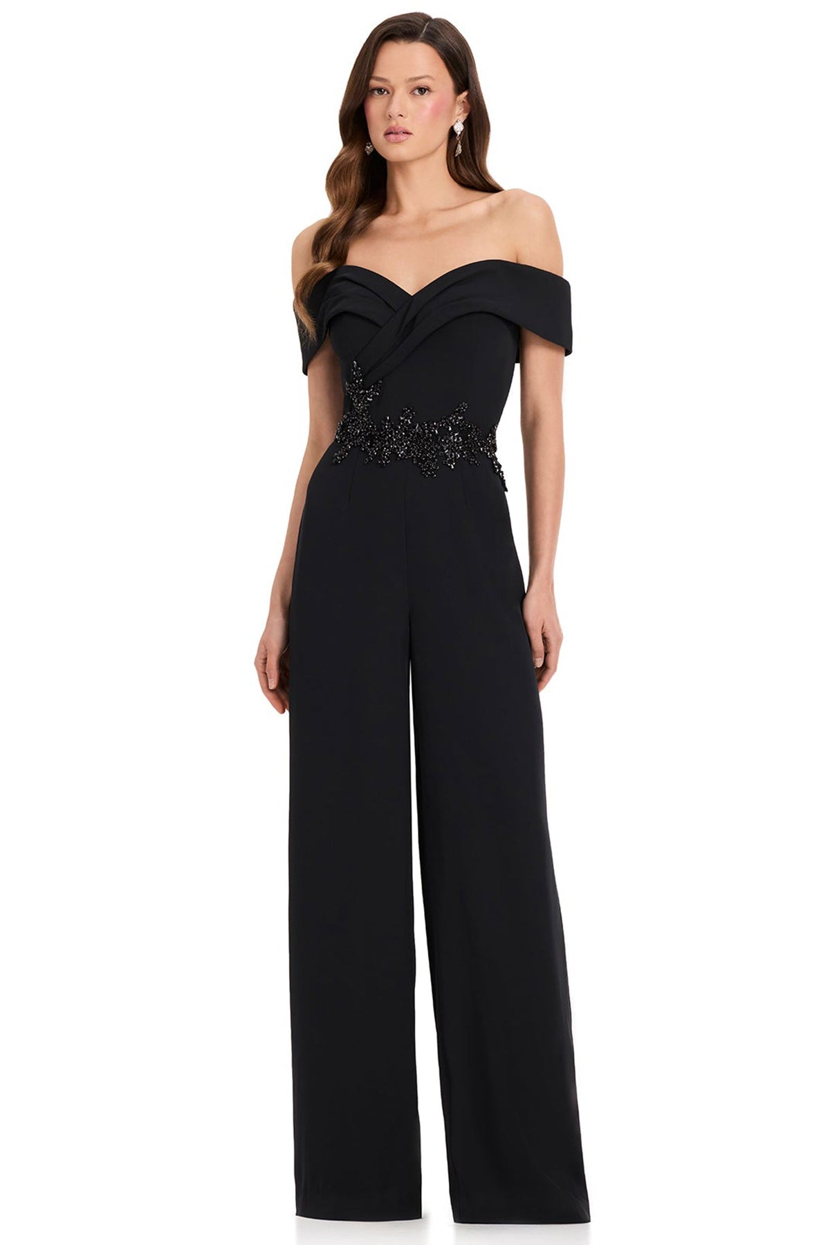 Ashley Lauren E12384 Tonal Beaded Off Shoulder Jumpsuit