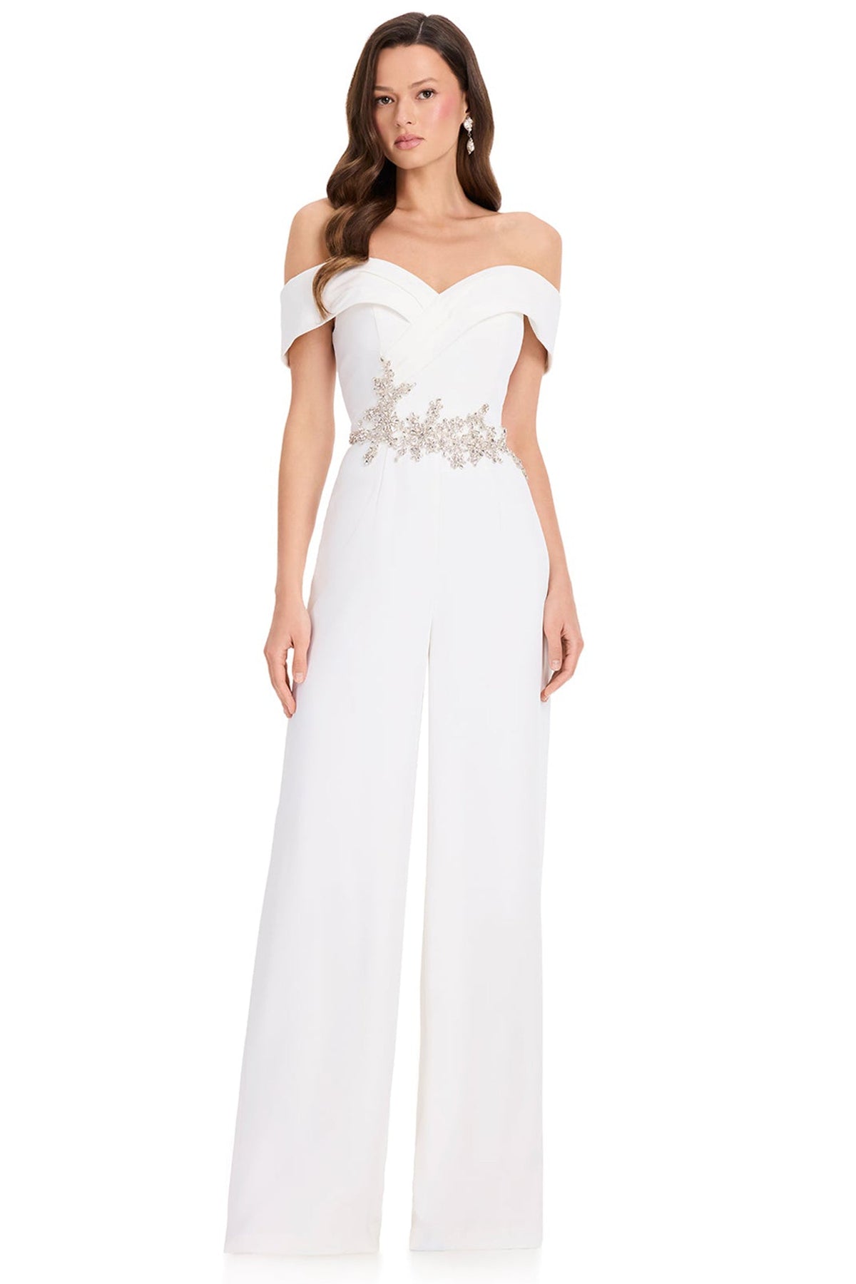 Ashley Lauren E12384 Tonal Beaded Off Shoulder Jumpsuit