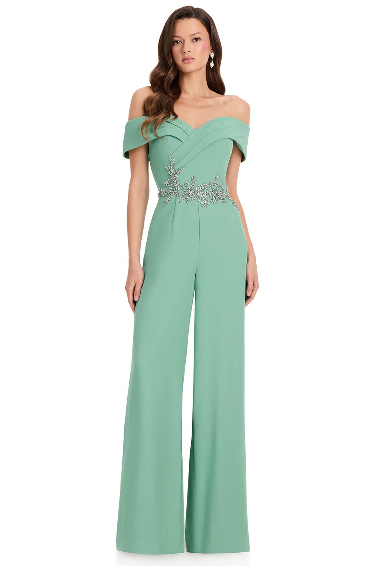 Ashley Lauren E12384 Tonal Beaded Off Shoulder Jumpsuit