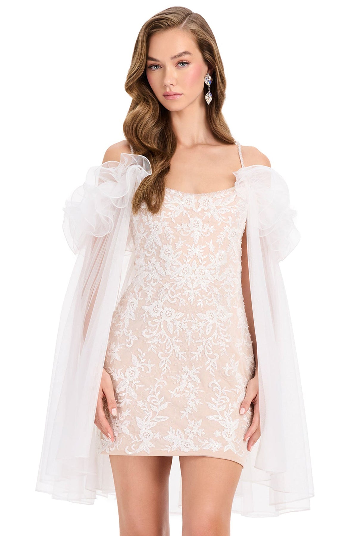 Ashley Lauren E40008 Ruffle Cape Embroidered Scoop Cocktail Dress