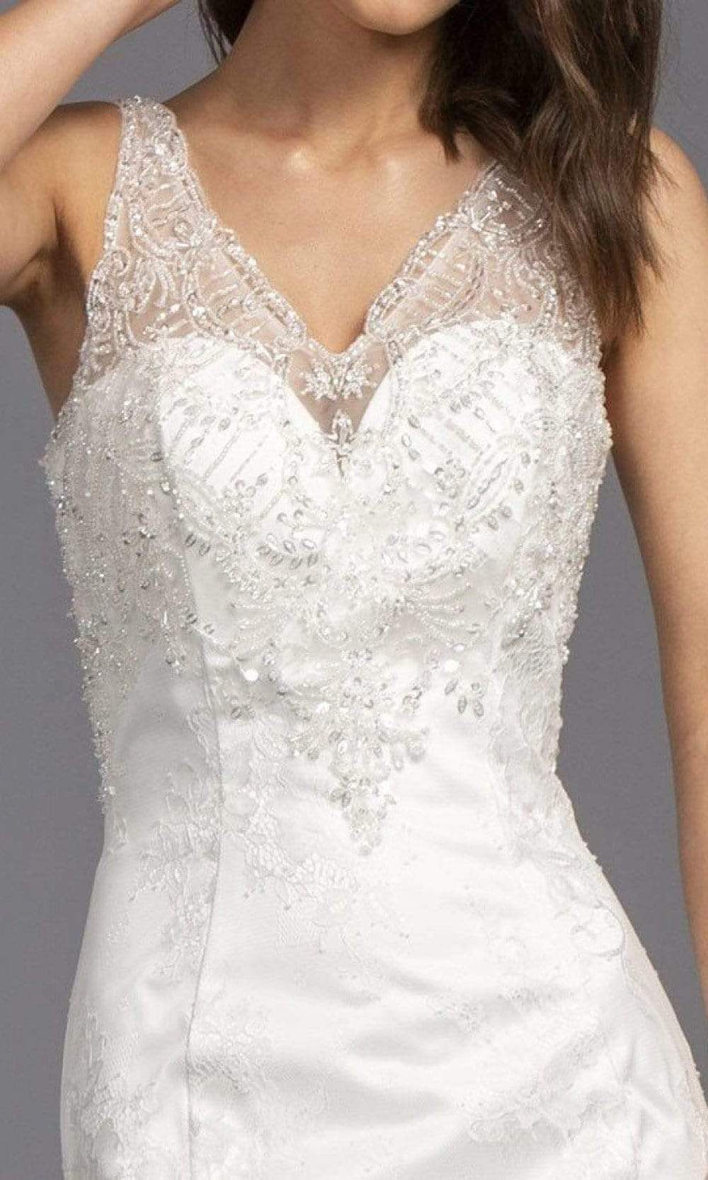 Trevi Collection Bridal - L2145 V Neck Beaded Accented Lace Bridal Wedding Dresses