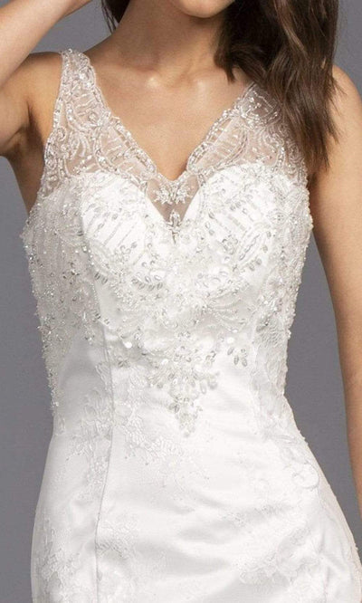 Trevi Collection Bridal - L2145 V Neck Beaded Accented Lace Bridal Wedding Dresses