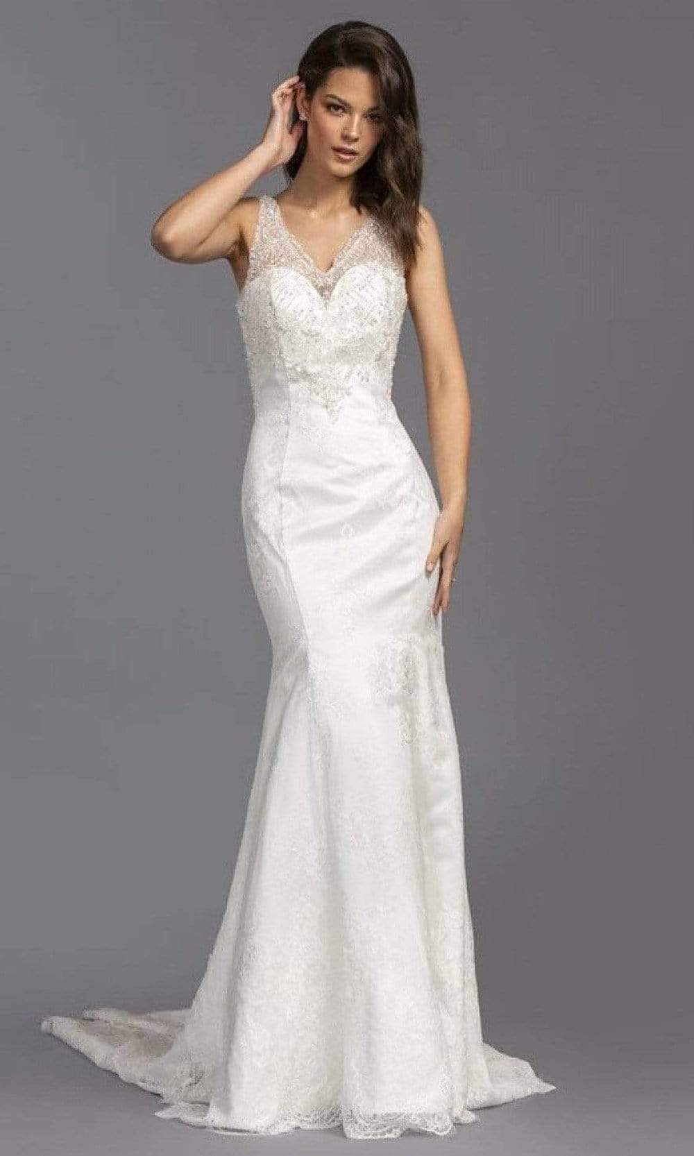 Trevi Collection Bridal - L2145 V Neck Beaded Accented Lace Bridal Wedding Dresses XXS / Off White