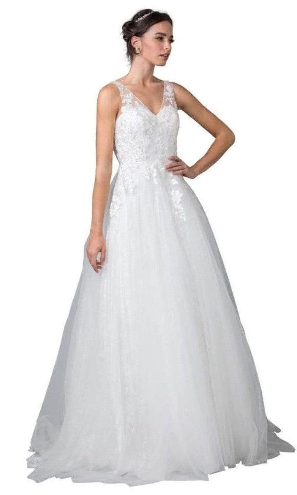 Trevi Collection Bridal - L2355 V Neck Tulle Long Wedding Gown Wedding Dresses XXS / Off White