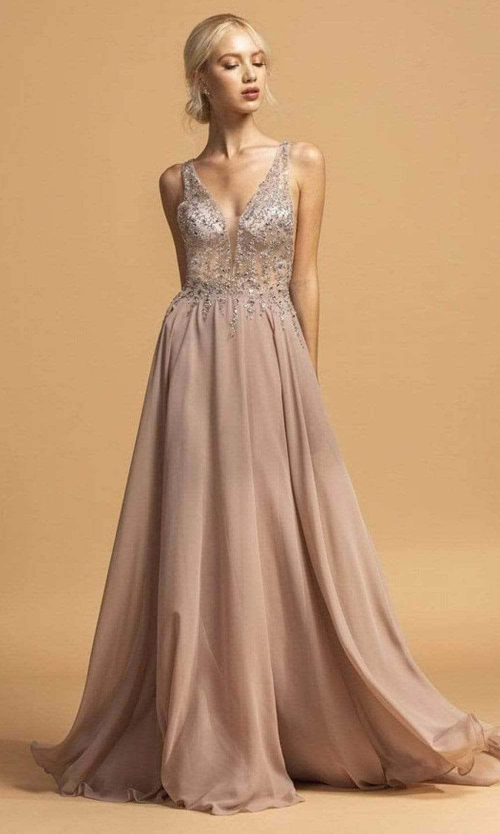 Trevi Collection - Crystal Ornate Chiffon Prom Dress L2207 - 1 pc Mauve In Size XS Available CCSALE XS / Mauve