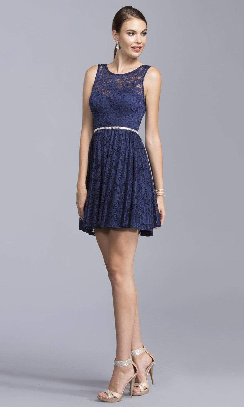 Trevi Collection - D124 Short Bejeweled Waist Lace Dress Homecoming Dresses XXS / Navy