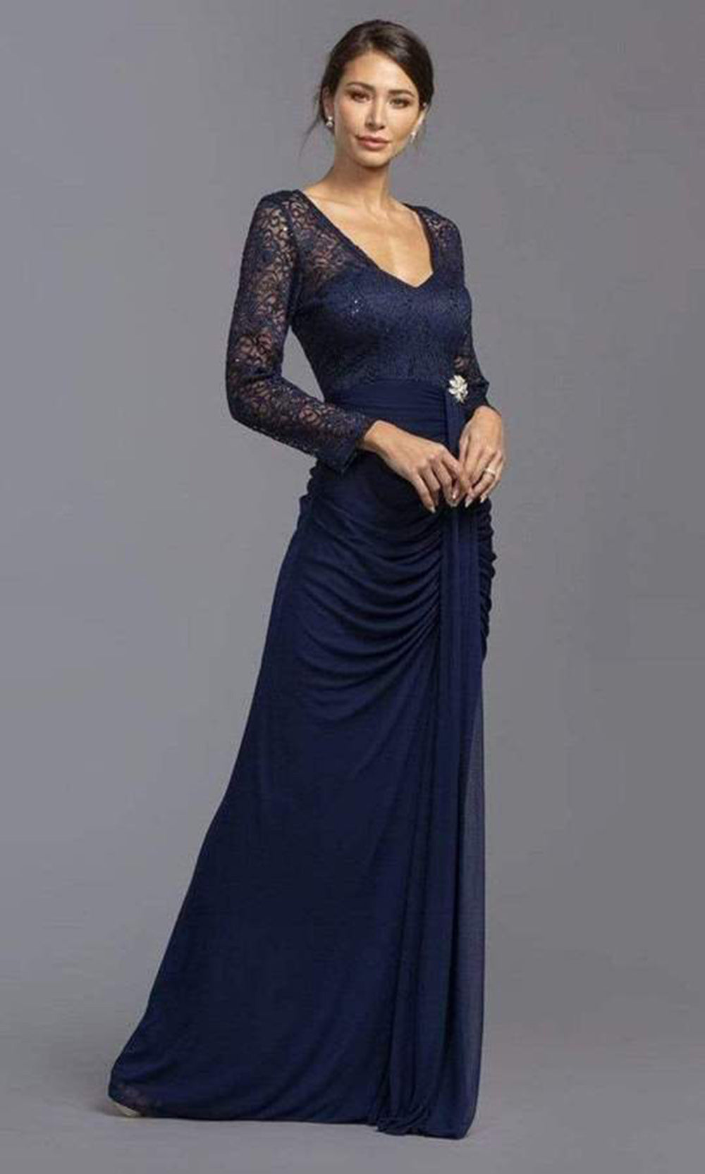 Trevi Collection - Deep V-Neck Embroidered Gown D189SC In Blue