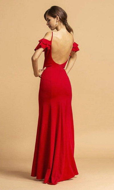 Trevi Collection - D259 Ruffled Cold Shoulder V-Neck Trumpet Dress Evening Dresses