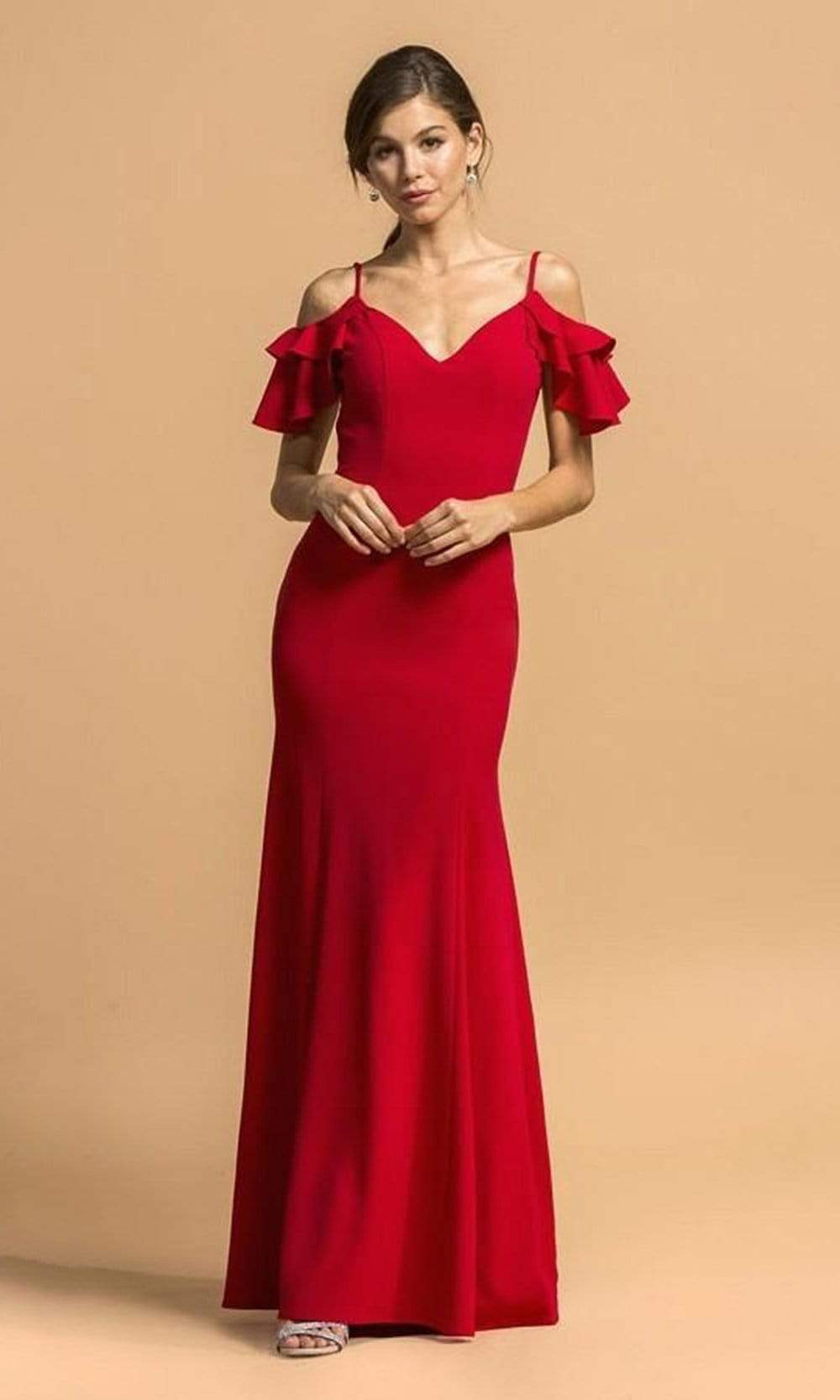 Trevi Collection - D259 Ruffled Cold Shoulder V-Neck Trumpet Dress Evening Dresses XXS / Red