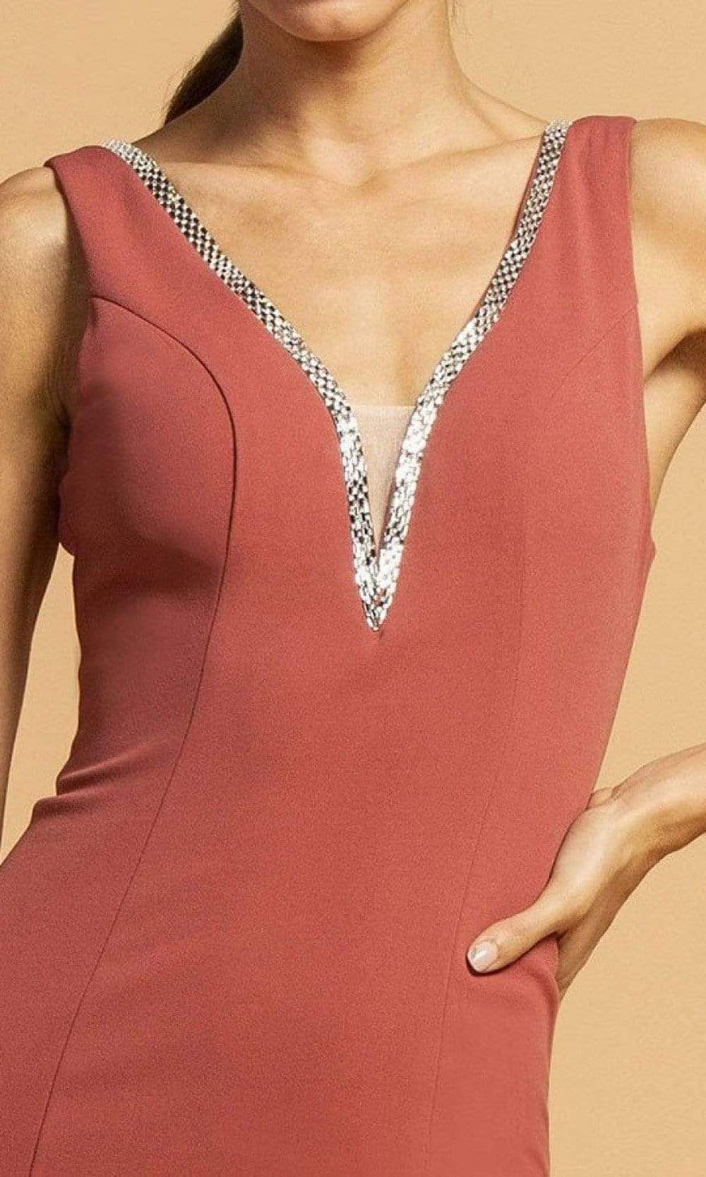 Trevi Collection - D300 Metallic Trim Sleeveless V-Neck High Slit Dress Evening Dresses