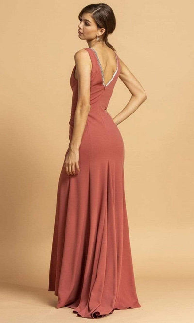 Trevi Collection - D300 Metallic Trim Sleeveless V-Neck High Slit Dress Evening Dresses