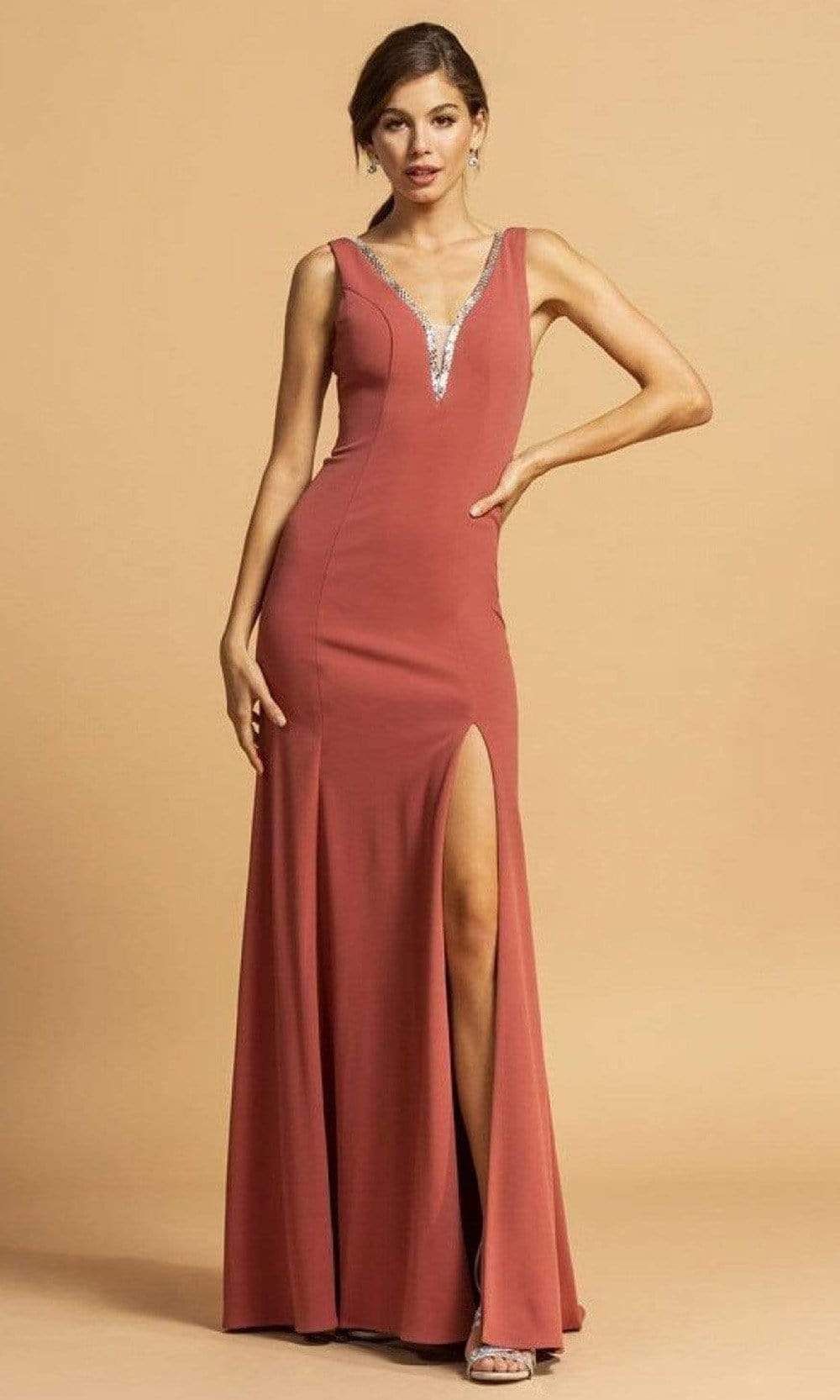 Trevi Collection - D300 Metallic Trim Sleeveless V-Neck High Slit Dress Evening Dresses XXS / Marsala