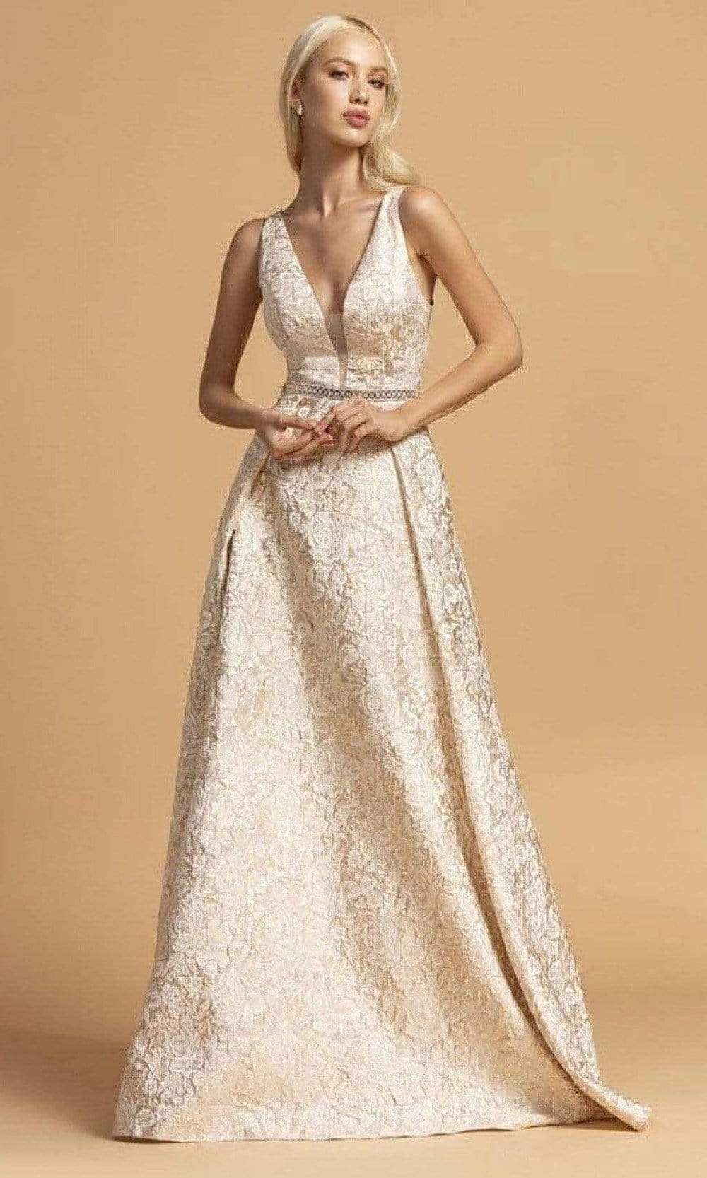Trevi Collection - D310 Floral A-Line Evening Dress Evening Dresses XXS / Champagne