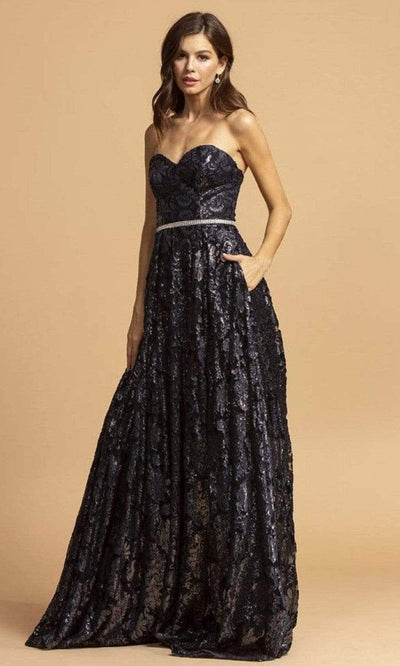 Trevi Collection - D321 Strapless Jacquard Sweetheart Gown Prom Dresses XXS / Navy