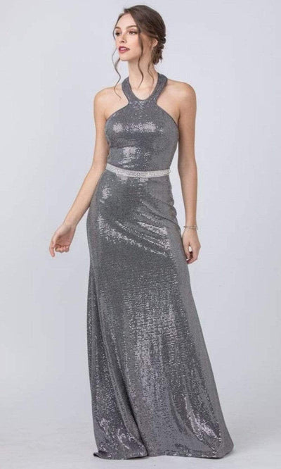 Trevi Collection - D345 Halter Shiny Embellished Column Gown Evening Dresses XXS / Silver