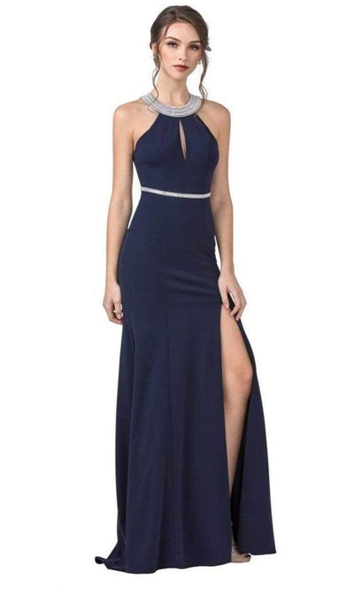 Trevi Collection - D399 Halter Bodycon High Slit Dress Evening Dresses XXS / Navy