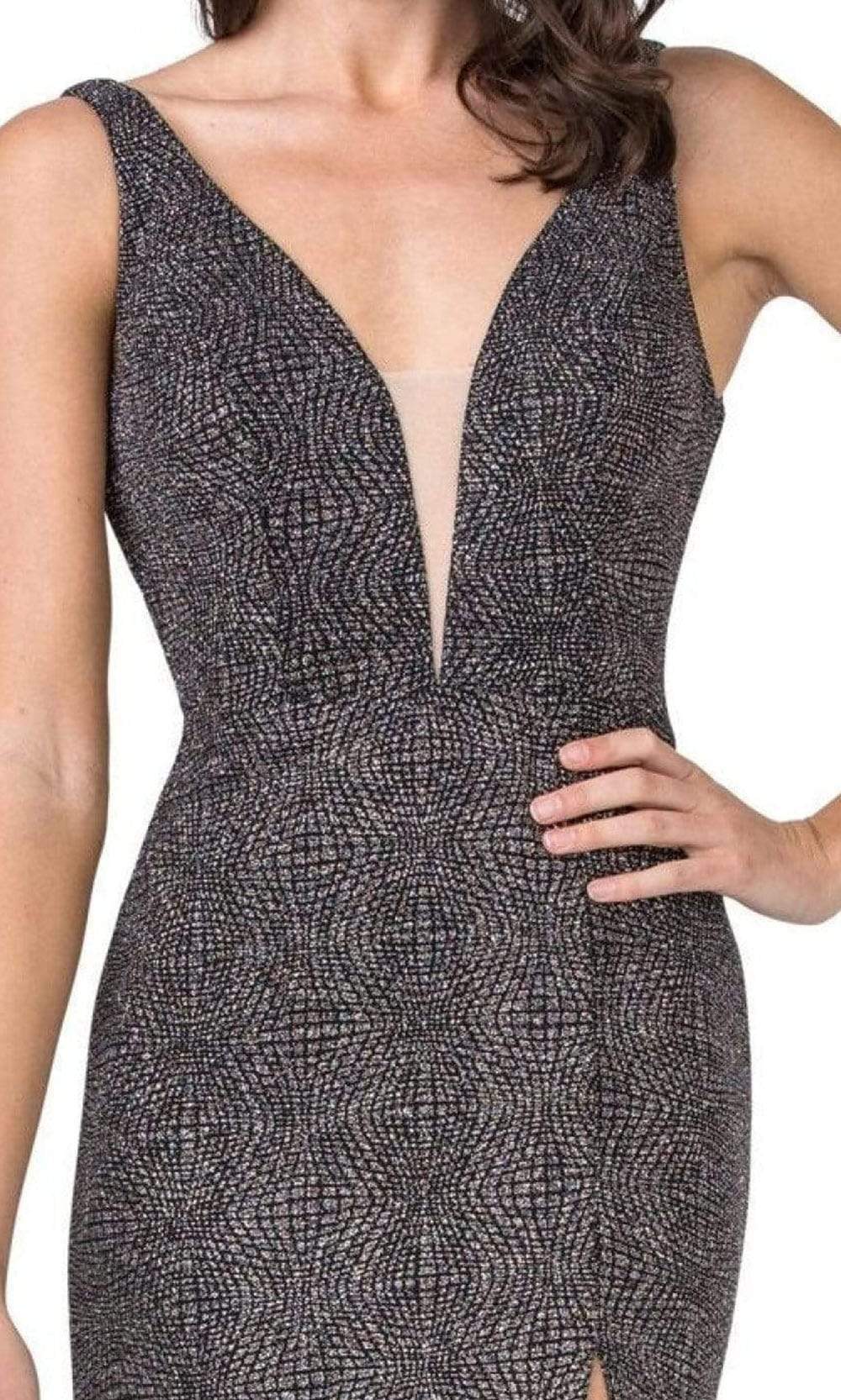 Trevi Collection - D411 Plunging Neck Jacquard Slit Dress Evening Dresses