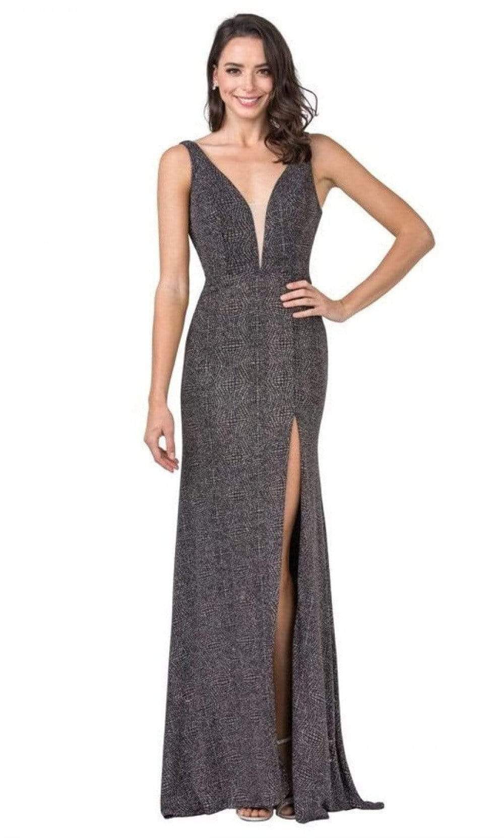 Trevi Collection - D411 Plunging Neck Jacquard Slit Dress Evening Dresses XXS / Metallic