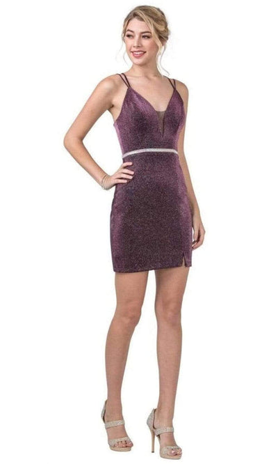 Trevi Collection - D419 Glittered V Neck Sheath Short Dress Homecoming Dresses XXS / Plum