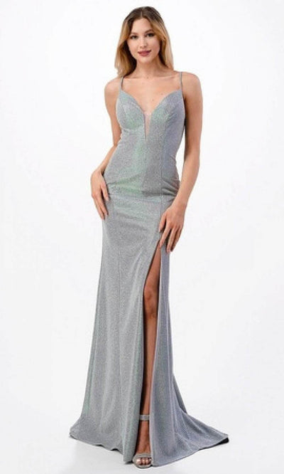Trevi Collection D571 - Plunging Neck Prom Dress XS / Silver