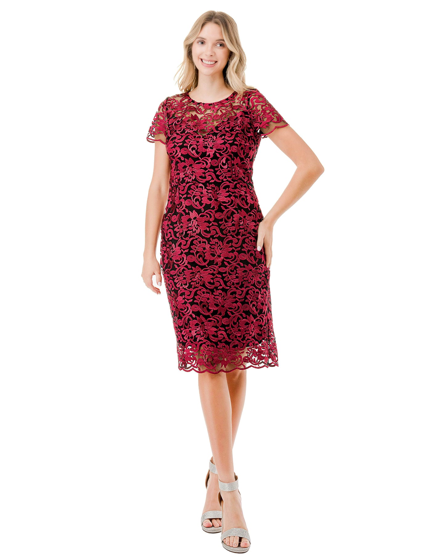 Aspeed Design D713 - Illusion Jewel Knee Length Formal Dress Special Occasion Dress XXS / Bk-Burgund