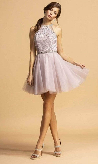 Trevi Collection - Embellished Halter Tulle Cocktail Dress S2095 - 1 pc Mauve In Size M Available CCSALE M / Mauve