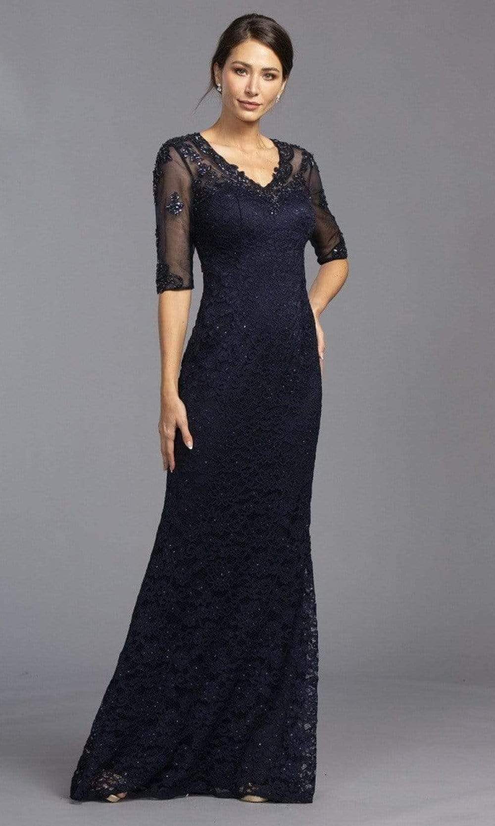 Trevi Collection - V-Neck Floral Applique Column Dress L2342SC In Blue