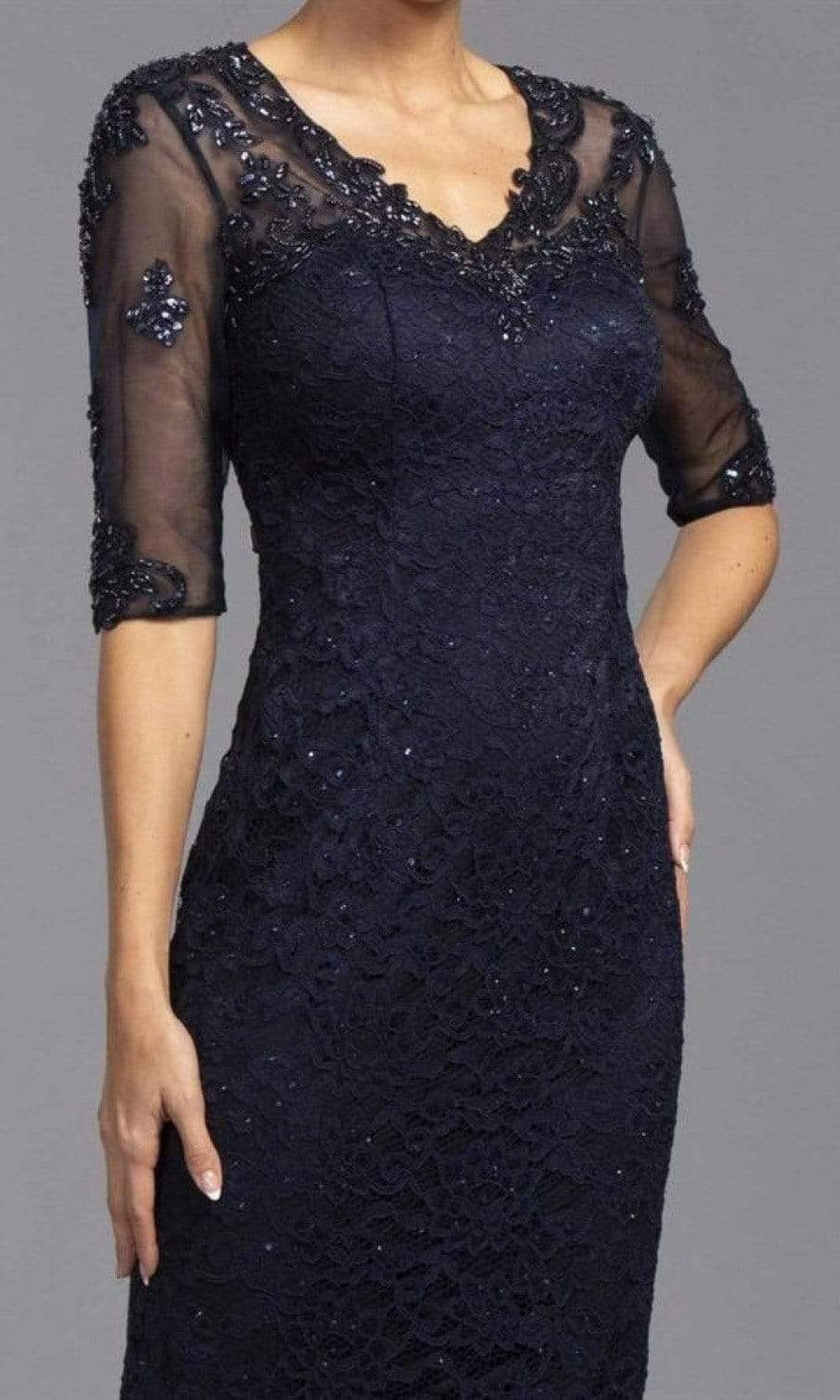 Trevi Collection - V-Neck Floral Applique Column Dress L2342SC In Blue