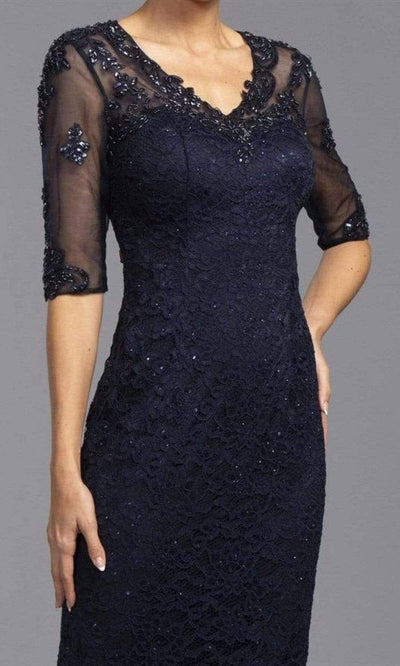 Trevi Collection - V-Neck Floral Applique Column Dress L2342SC In Blue