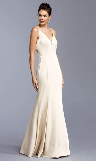 Trevi Collection - L1938 Appliqued V-Neck Evening Dress Evening Dresses XXS / Champagne